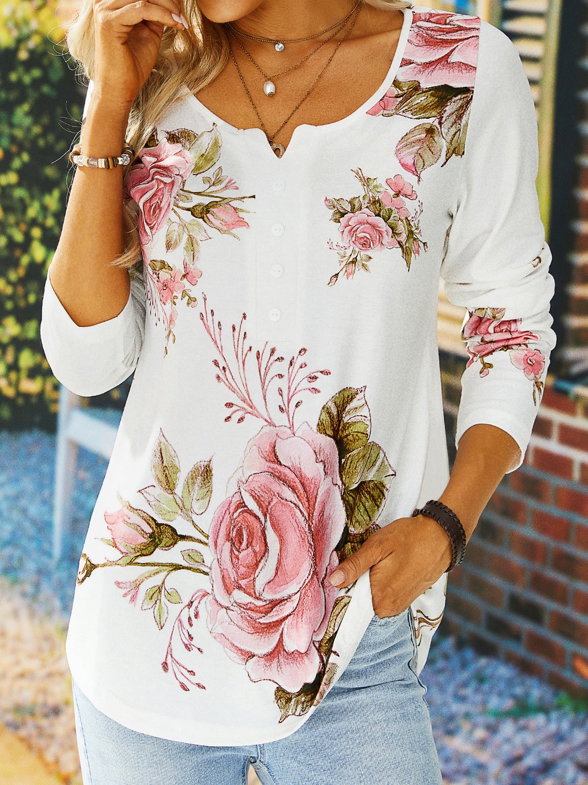 Floral Long Sleeves Notched Buttoned Casual Top