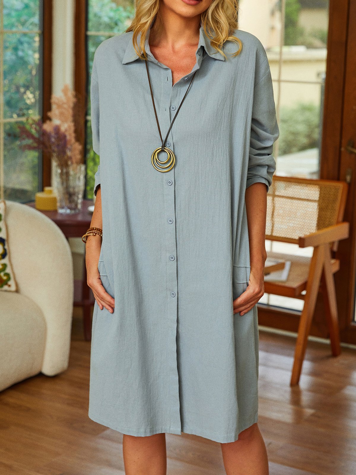 Casual V Neck Long Sleeve Solid Weaving Dress