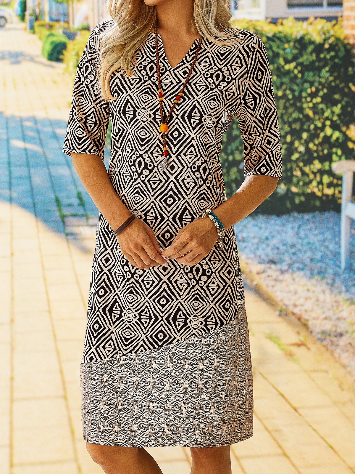 Tribal Geometric Printed Boho Loosen V Neck Short Sleeve Midi Woven Dress