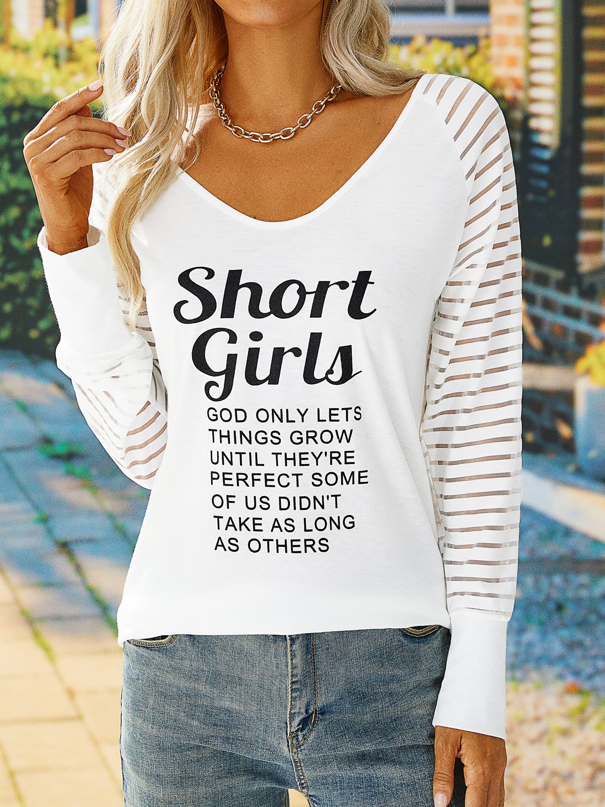 Short Girls V Neck Mesh Casual Long Sleeve T-shirt