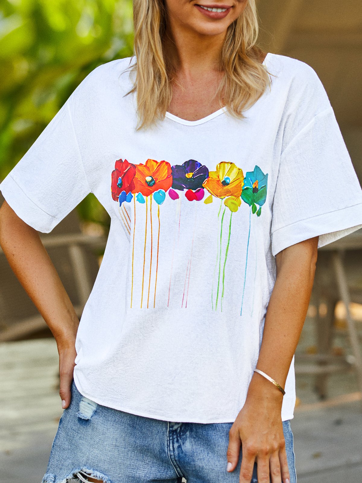 Women Floral Summer Casual V neck Lightweight Short sleeve Loose Cotton H-Line Top