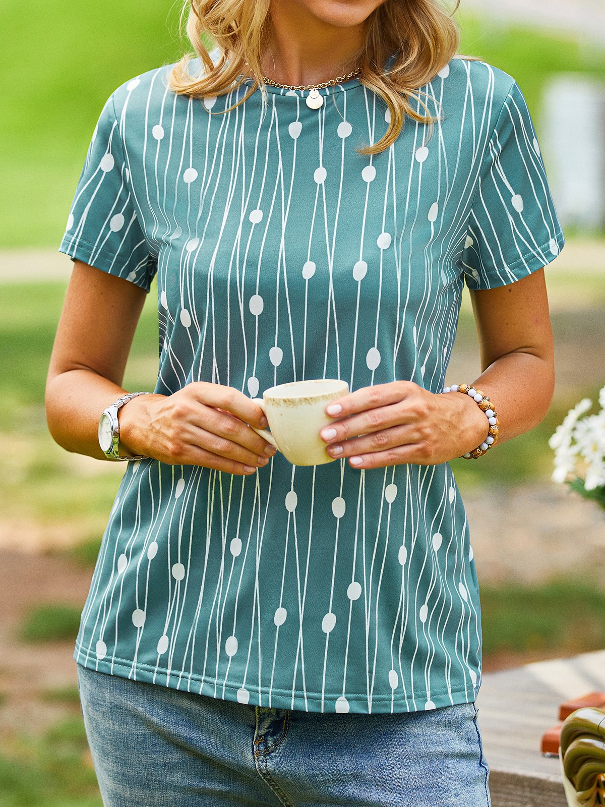 Striped Summer Casual Micro-Elasticity Standard Fit Regular H-Line Regular Size T-shirt for Women