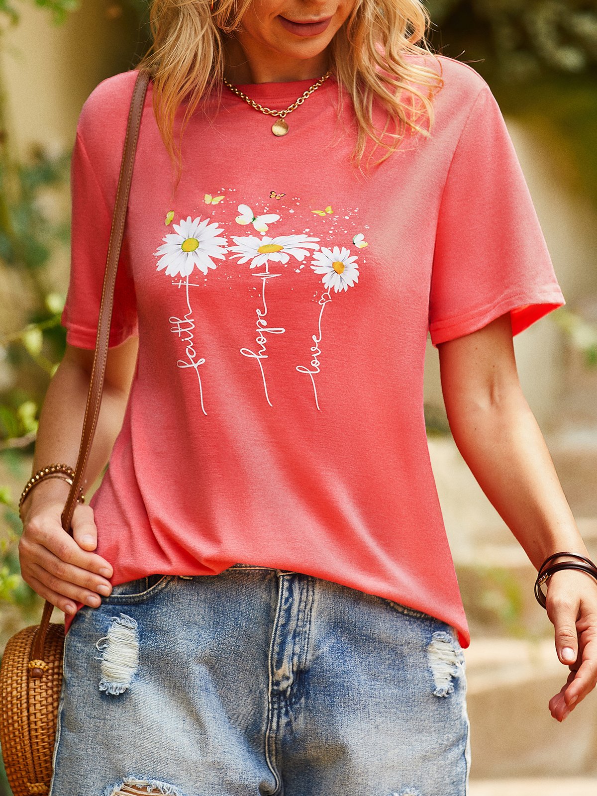 Daisy Floral Short Sleeve Crew Neck Casual T-shirt