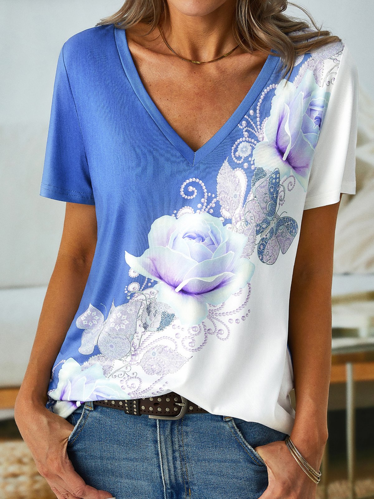 V Neck Jersey Floral Casual T-shirt