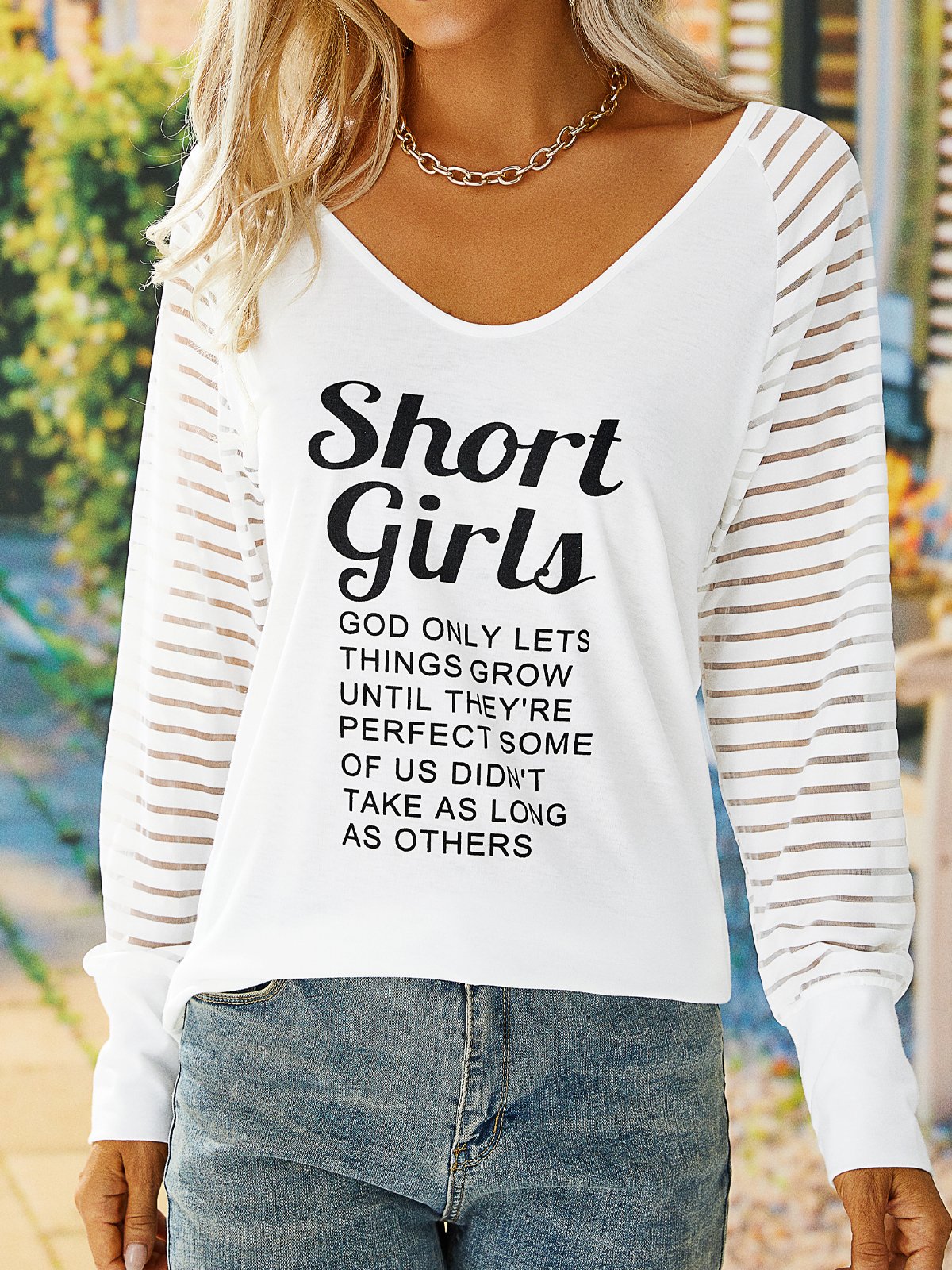 Short Girls V Neck Mesh Casual Long Sleeve T-shirt