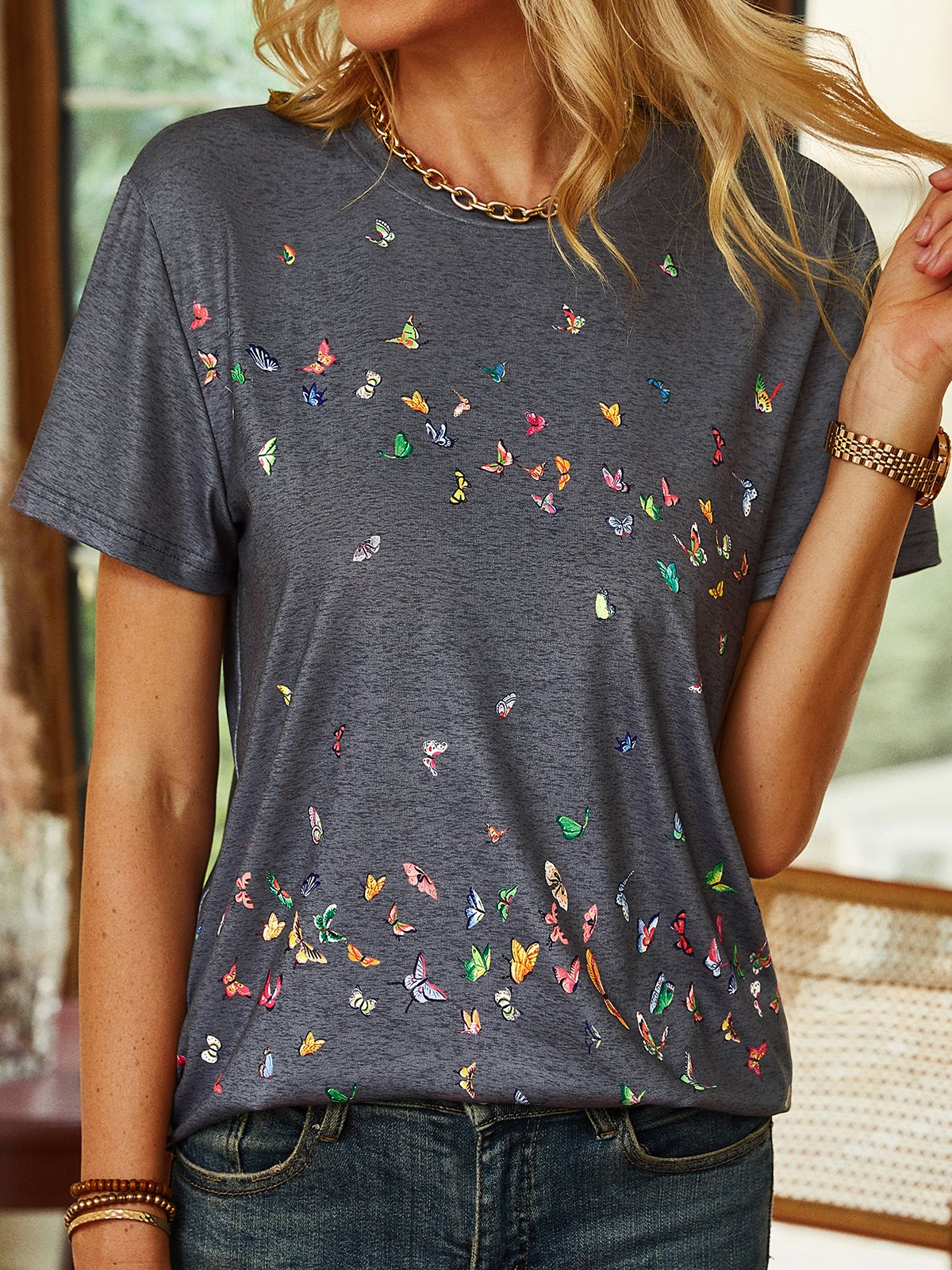 Butterfly Printed Short Sleeve T-Shirt