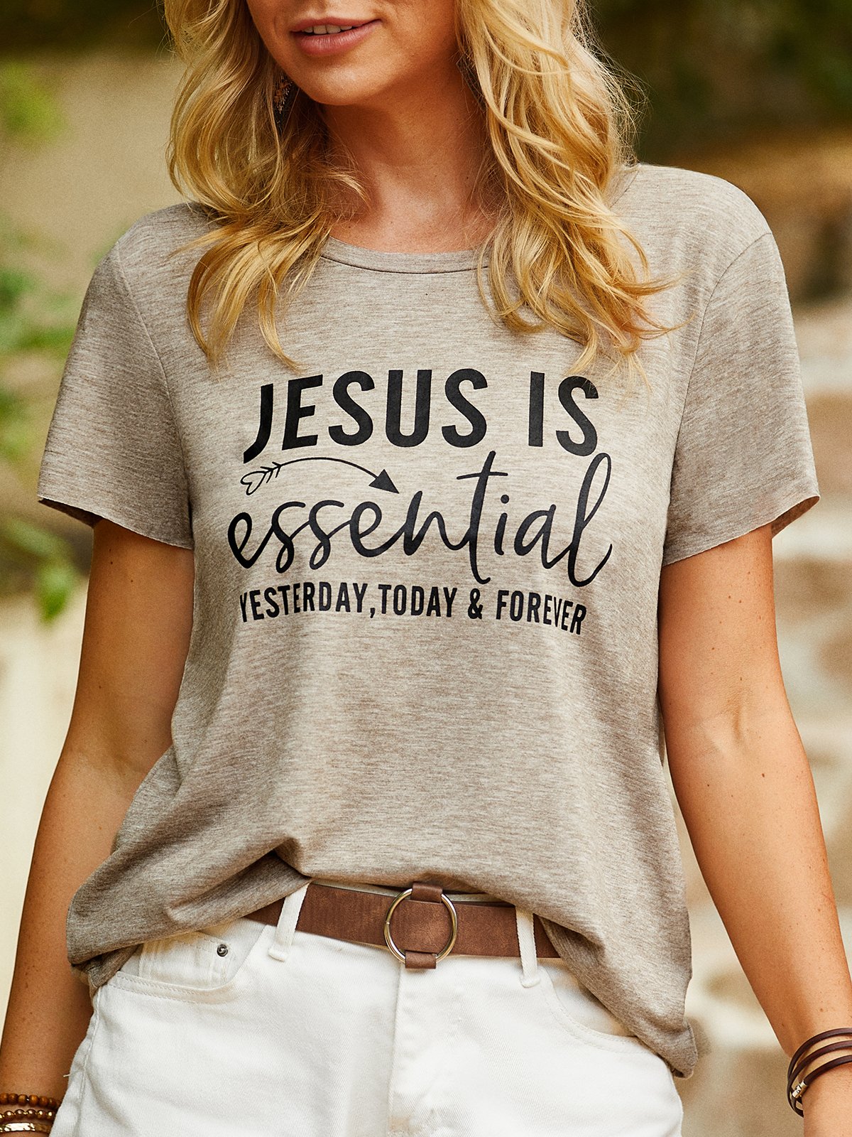 Jesus Is Essential Letters Short Sleeve Crew Neck Casual Top
