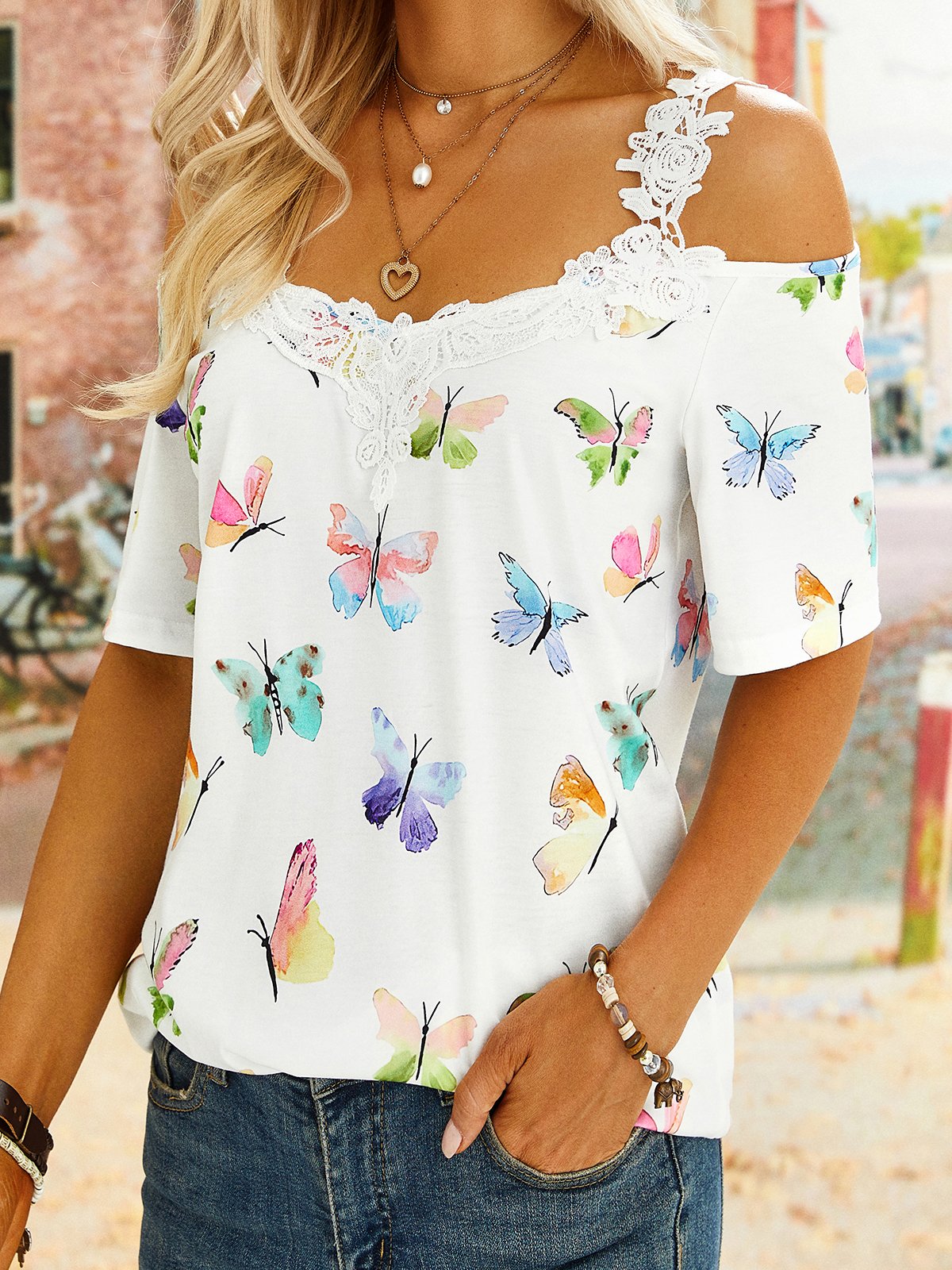 Butterfly Printed Lace Off The Shoulder Casual Loosen Short Sleeve T-shirt