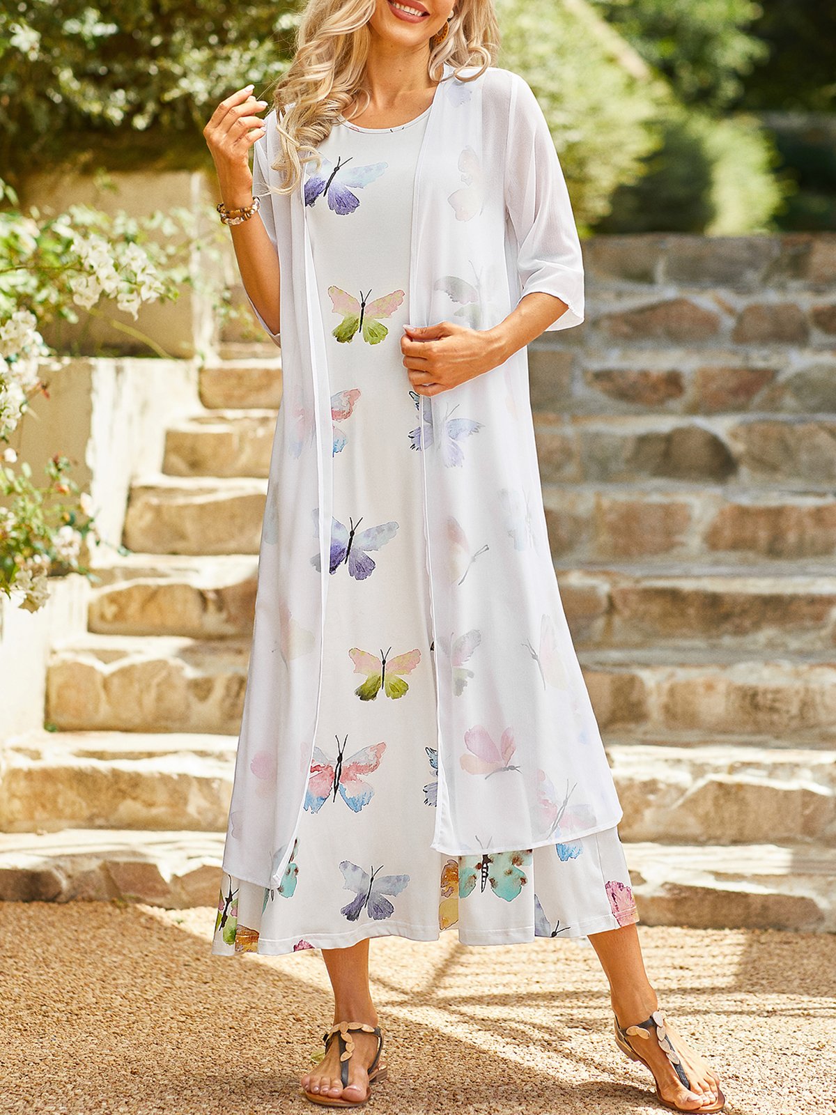 Casual Butterfly Sleeveless Round Neck Printed Dress With Three Quarter Coats
