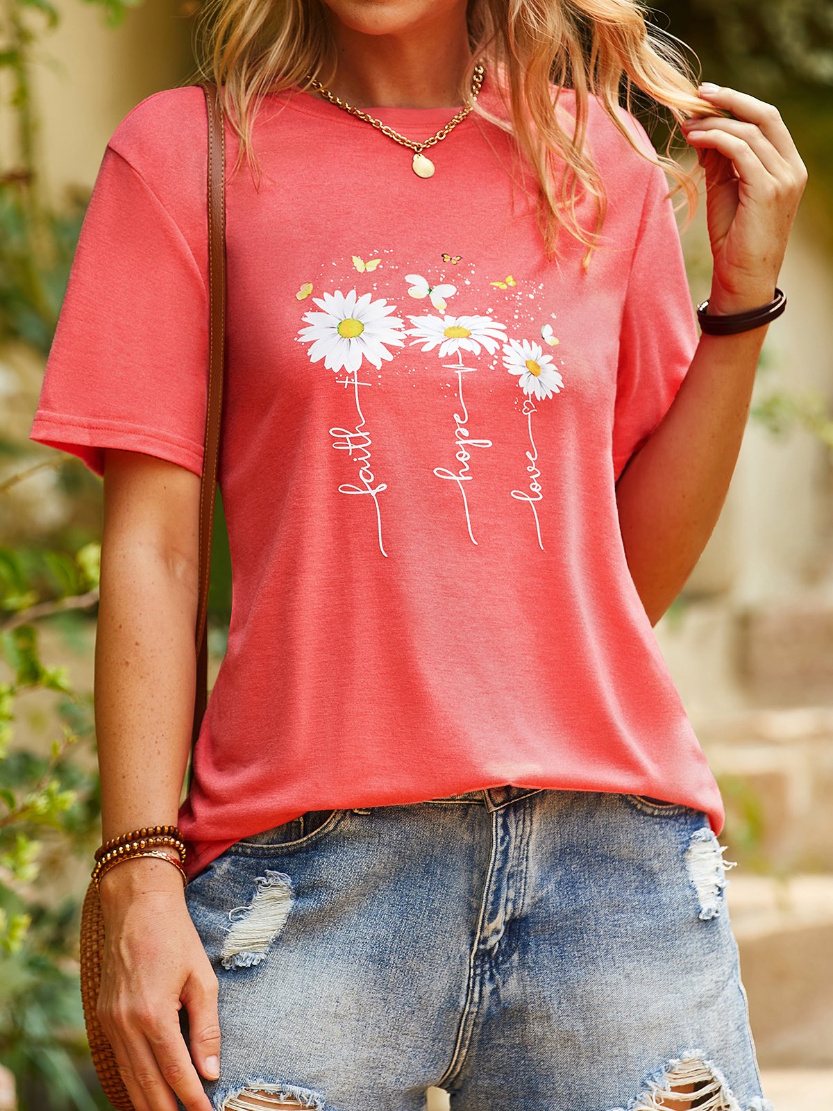 Daisy Floral Short Sleeve Crew Neck Casual T-shirt