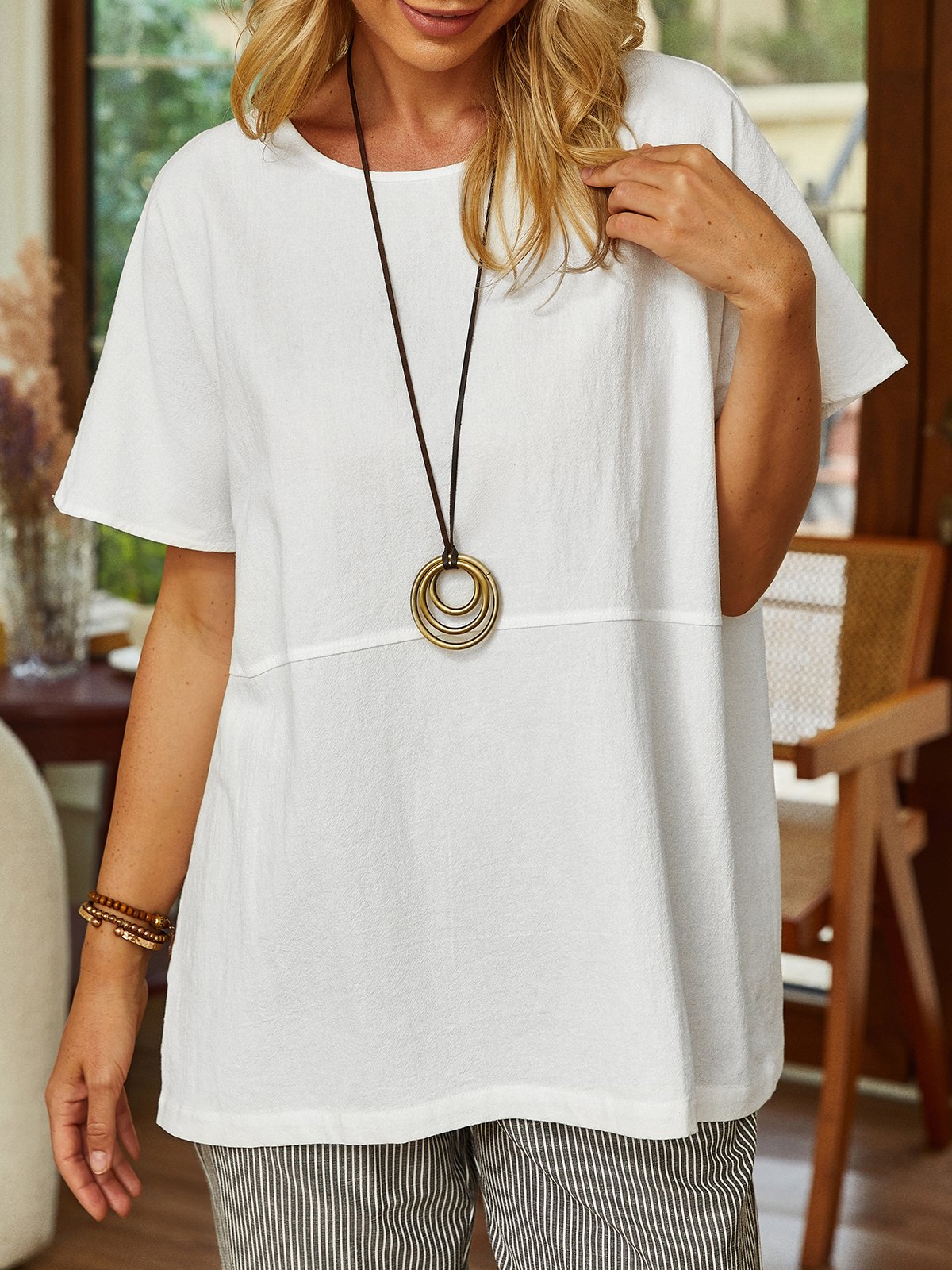 Casual Solid Cotton-Blend Top