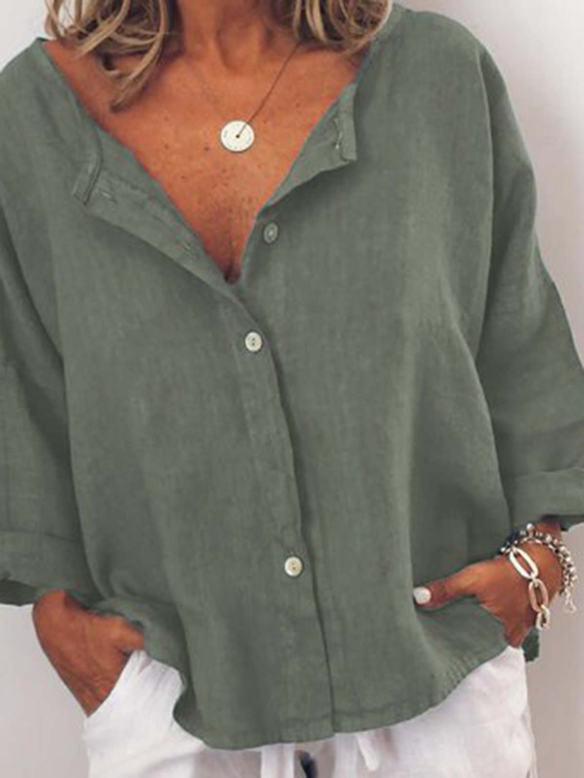 Solid Cotton Blends Blouses