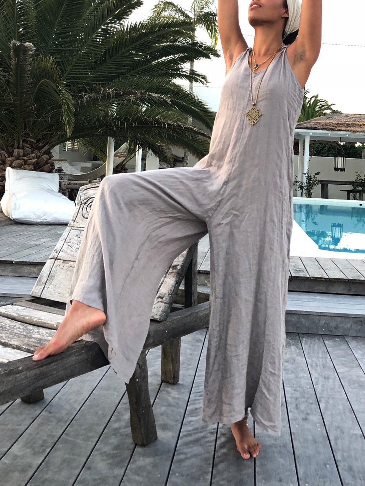 Cotton Blends Round Neck Jumpsuits&rompers