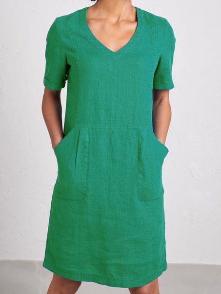 Cotton Solid Pockets Casual Dress