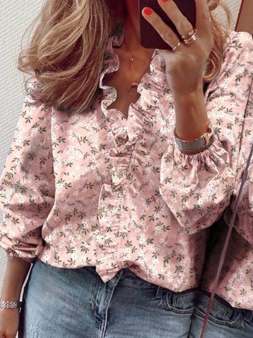 V Neck Loosen Floral Blouses