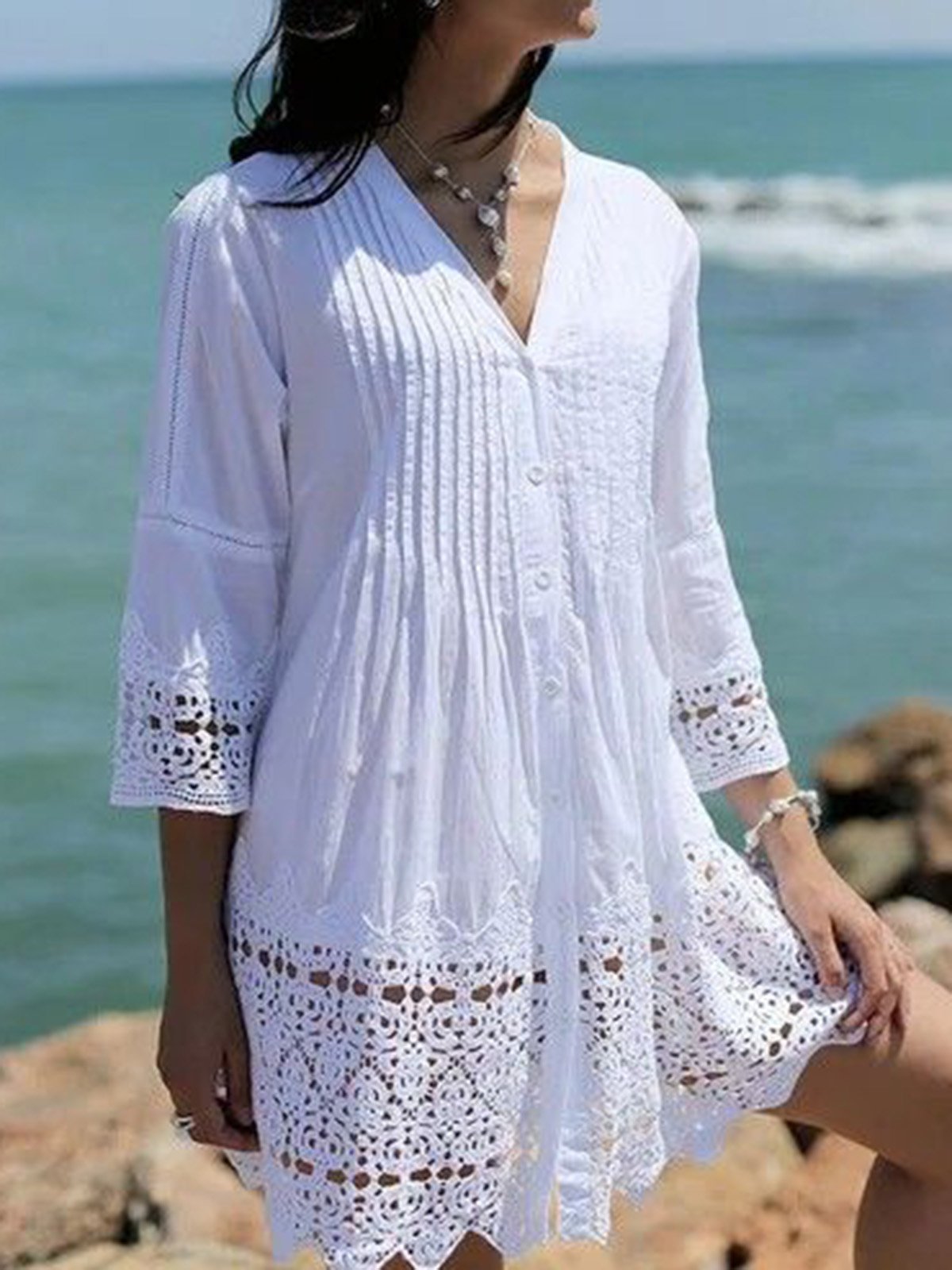 ZBYY Women's Summer Embroidery Spaghetti Strap Dress - V Neck, Bell Sleeve, Ruffle Hem Beach Mini Dress In White - View #2