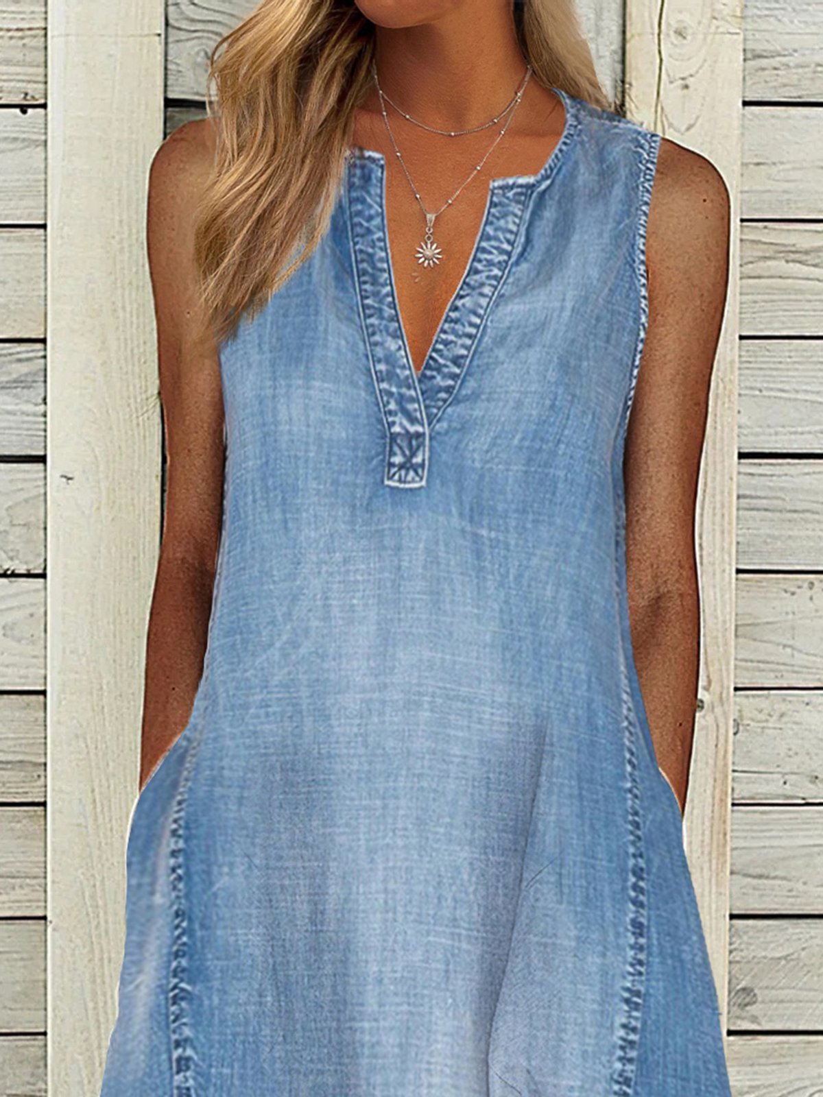 V Neck Casual Denim Midi