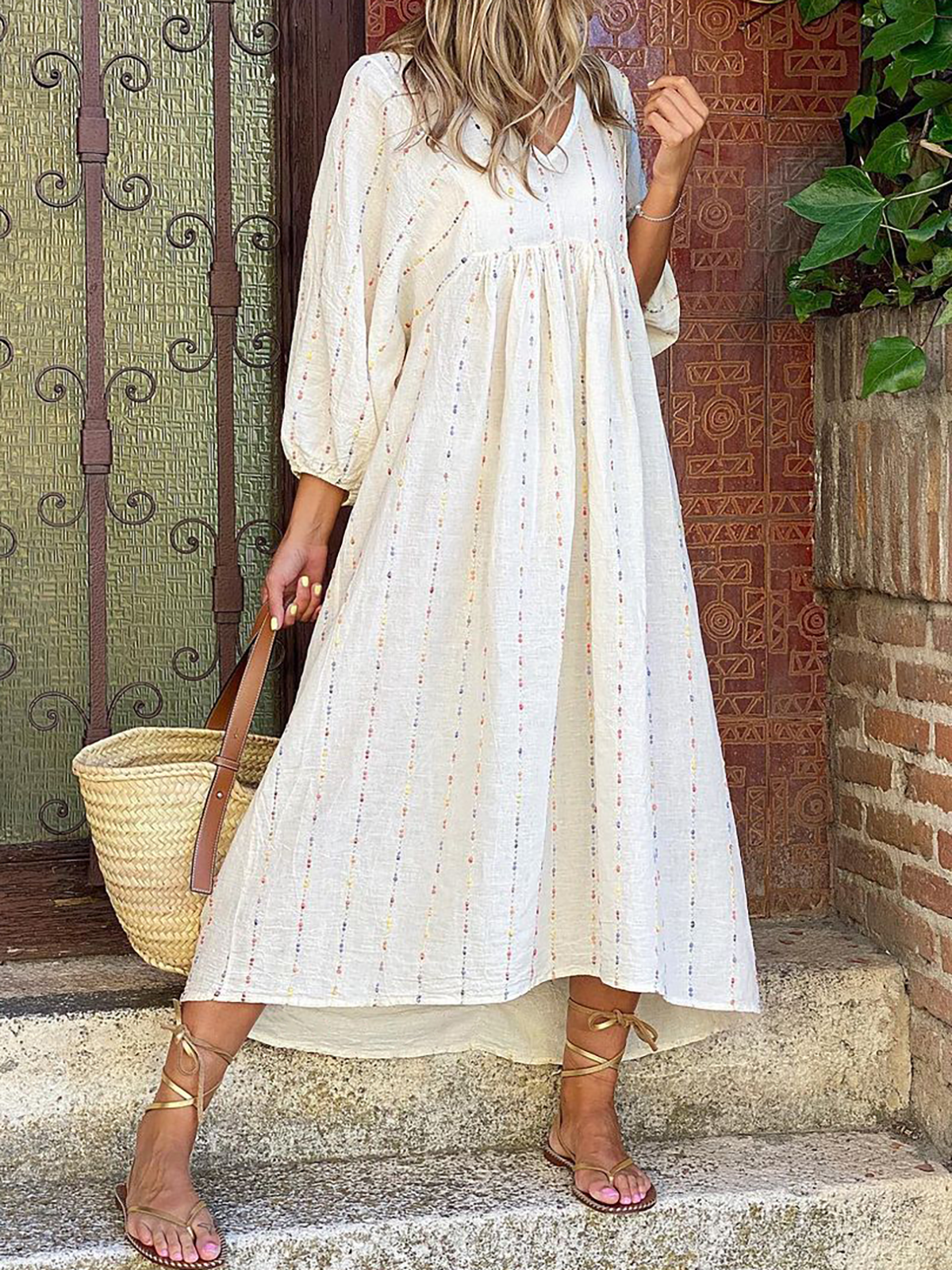 V Neck Sweet Cotton Midi