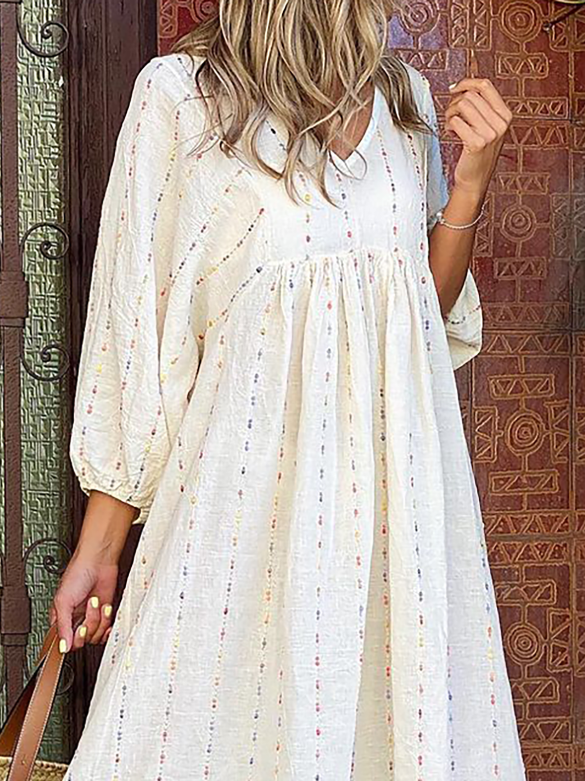 V Neck Sweet Cotton Midi