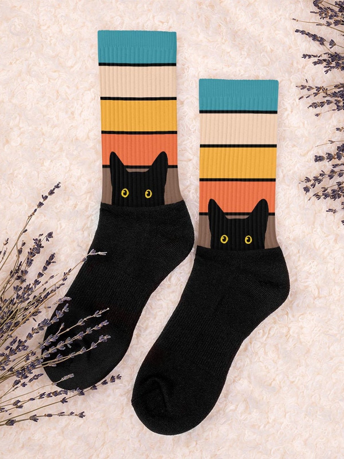 Black Cat Head Color Matching Casual Socks