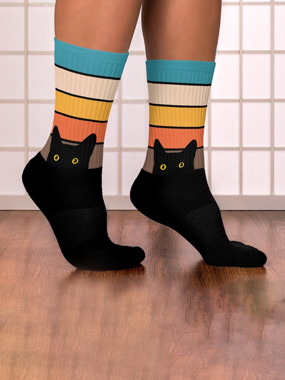 Black Cat Head Color Matching Casual Socks