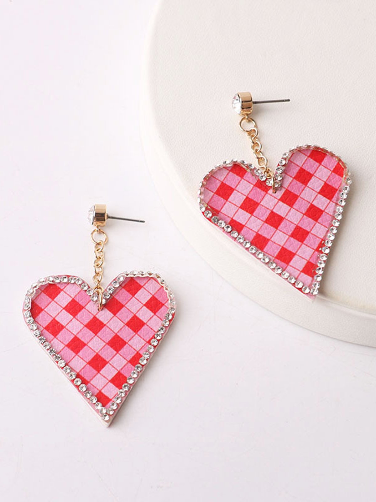 Printed Leather Heart-Shaped Rhinestone Earrings