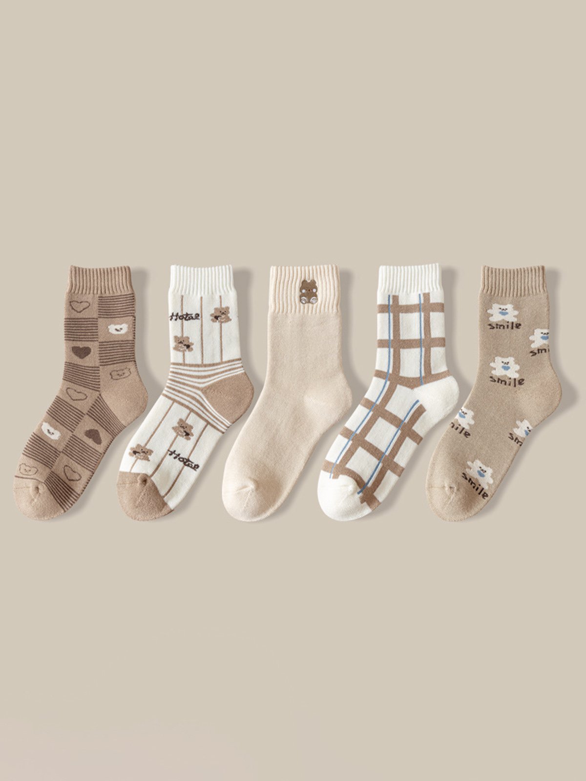 Retro Bear Heart Cotton Warm Socks 5 Piece Set