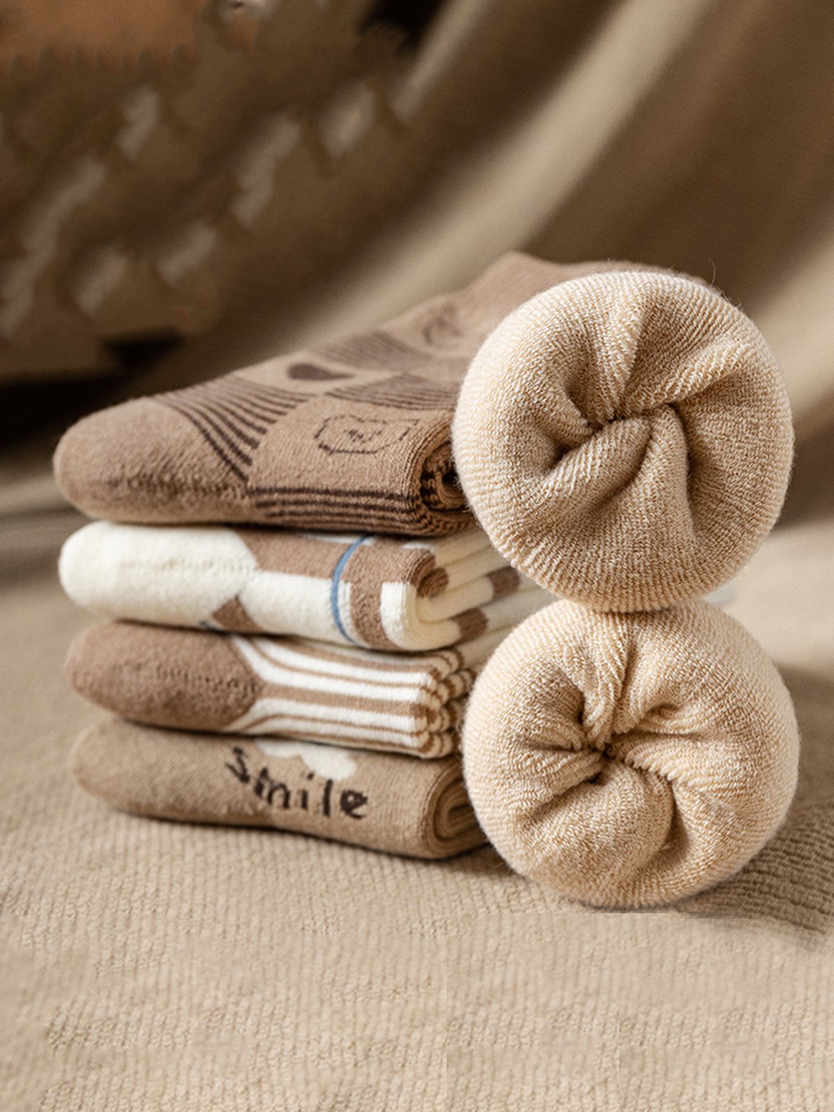 Retro Bear Heart Cotton Warm Socks 5 Piece Set