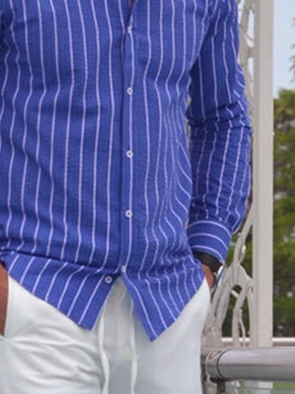 Striped Party Short Sleeve Cotton Blends Men-Shirts