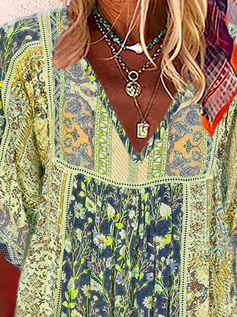 Vacation Floral V Neck Cotton Blends Blouses