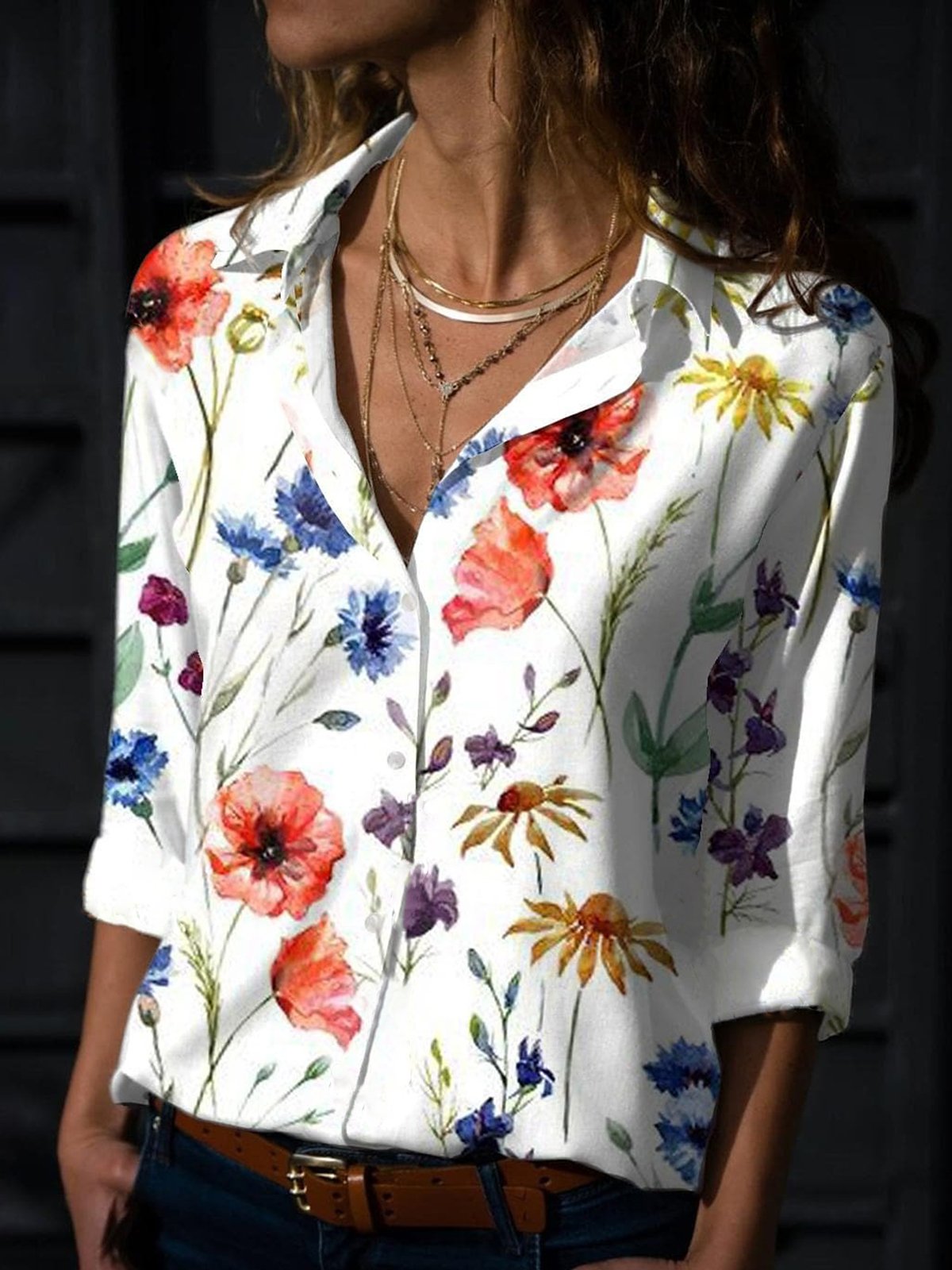 Shirt Collar Floral Casual Blouses