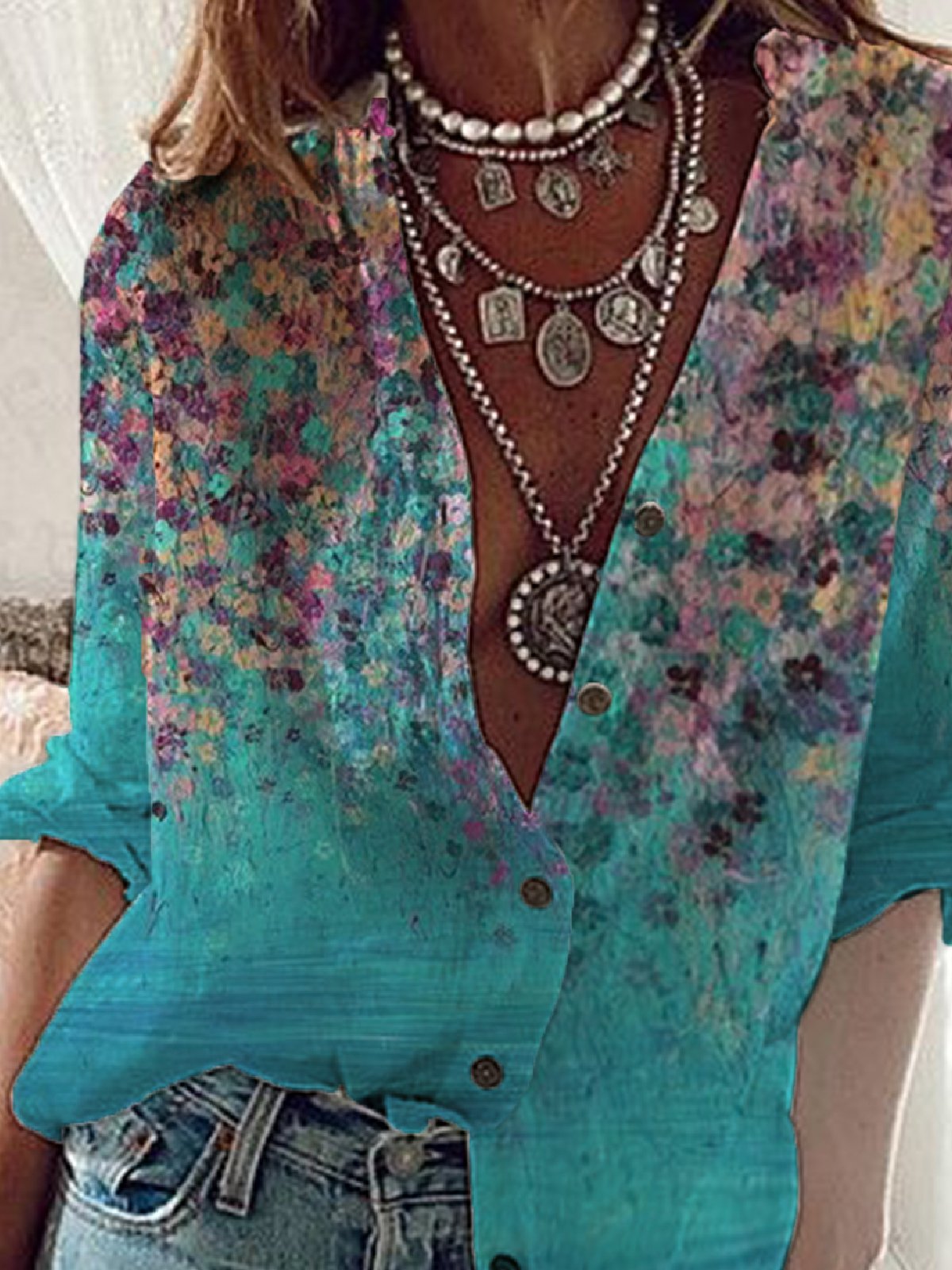 Floral Stand Collar Loose Blouses