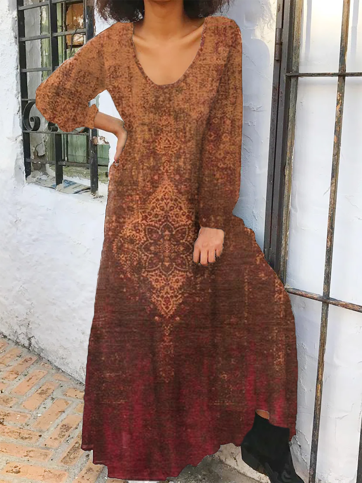 Crew Neck Jersey Casual Abstract Maxi