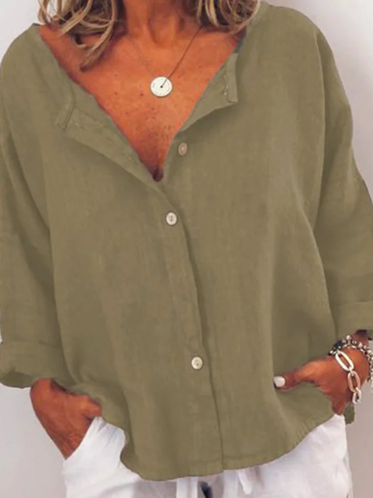 Solid Cotton Blends Blouses