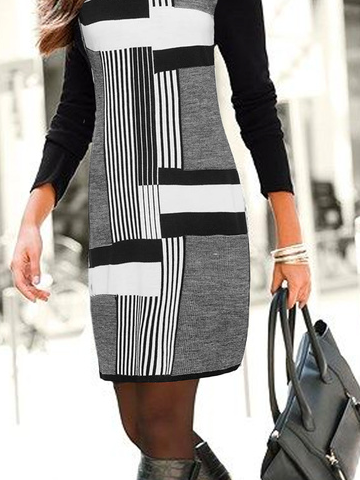 Women Striped Casual Autumn Polyester Standard Skirt Crew Neck A-Line Regular Dress