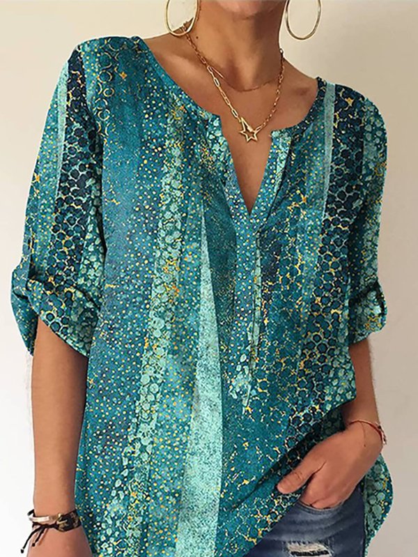 Casual Ethnic Autumn Polyester V neck Daily Loose Best Sell Regular Size Top for Women