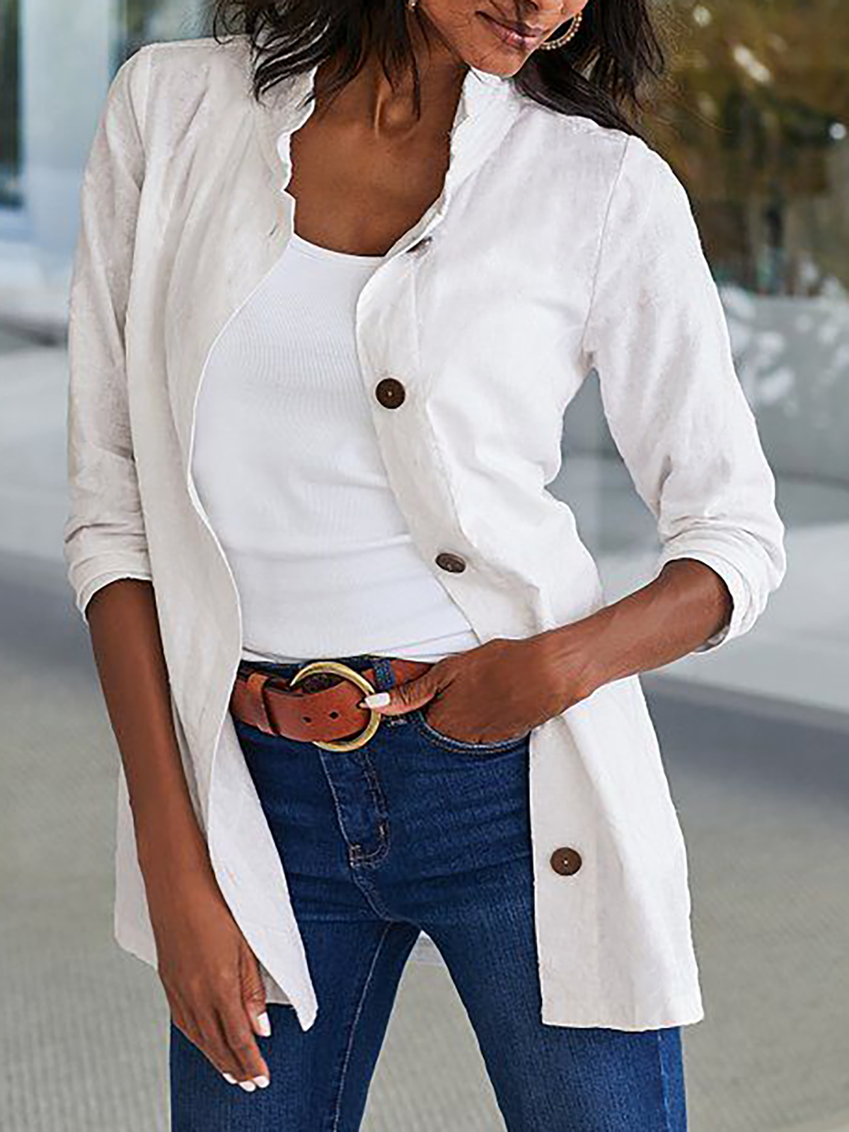 Cotton Loose Shirt Collar Plain Coats