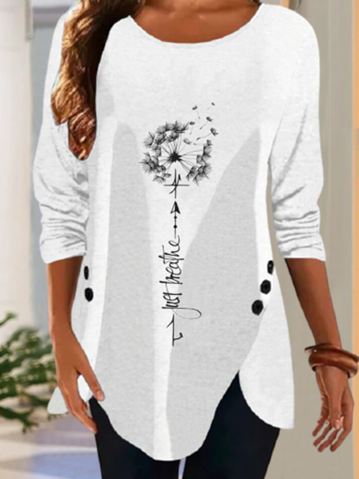 Casual Autumn Dandelion Lightweight Standard Crew Neck Mid-long H-Line Regular Size T-shirt for Women