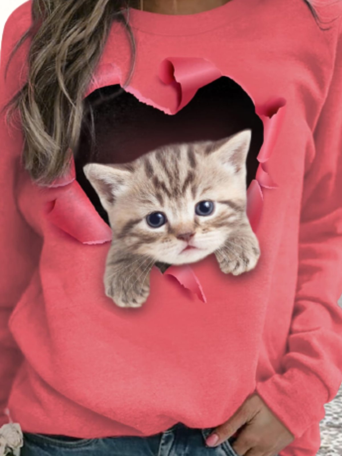 Sports Autumn Cat Micro-Elasticity Daily Loose Crew Neck Regular Regular Sweatshirt for Women