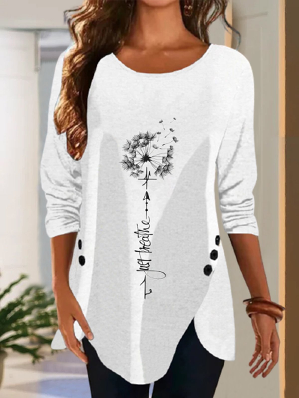 Casual Autumn Dandelion Lightweight Standard Crew Neck Mid-long H-Line Regular Size T-shirt for Women