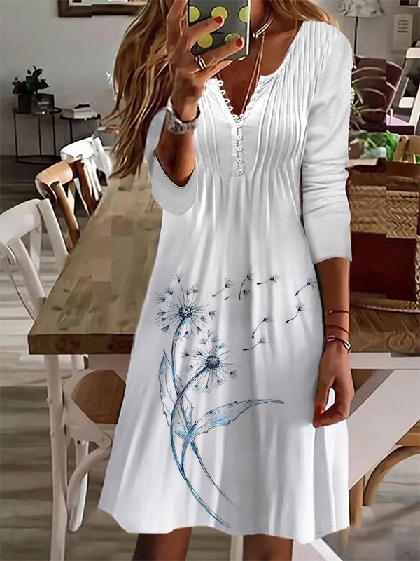 Casual Autumn Dandelion Natural Micro-Elasticity Loose Long sleeve T-Shirt Dress Regular Size Dress for Women