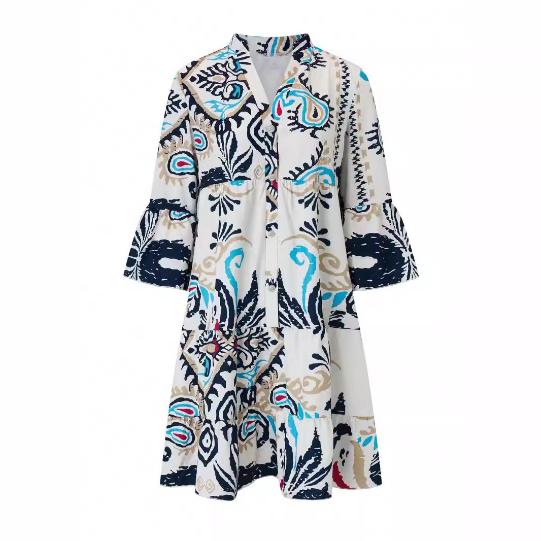 Regular Fit Ethnic Casual V Neck Dress With No