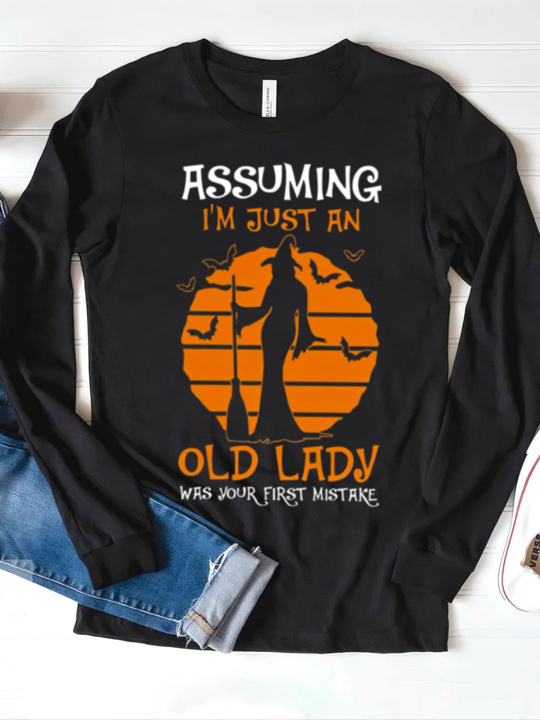 Assuming Im Just An Old Lady Print Crew Neck witch	Halloween T-Shirt