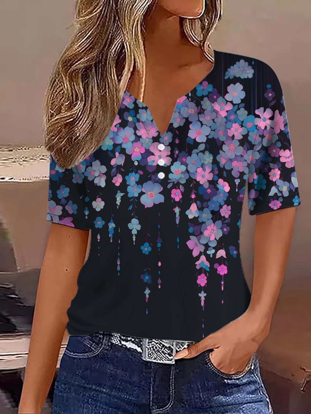 Loose Floral Jersey Casual T-Shirt