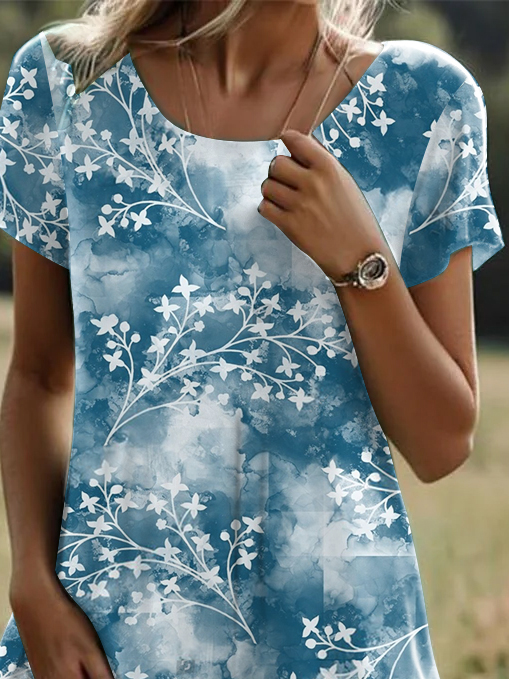 Women's Short Sleeve Summer Blue Floral Crew Neck Daily Going Out Casual Midi H-Line T-Shirt Dress Dress