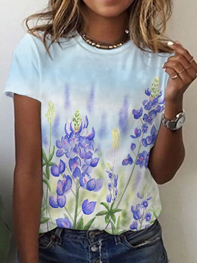 Women's Short Sleeve T-shirt Summer Blue Floral Cotton V Neck Daily Going Out Casual Top