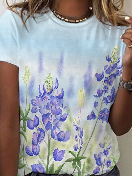 Women's Short Sleeve T-shirt Summer Blue Floral Cotton V Neck Daily Going Out Casual Top