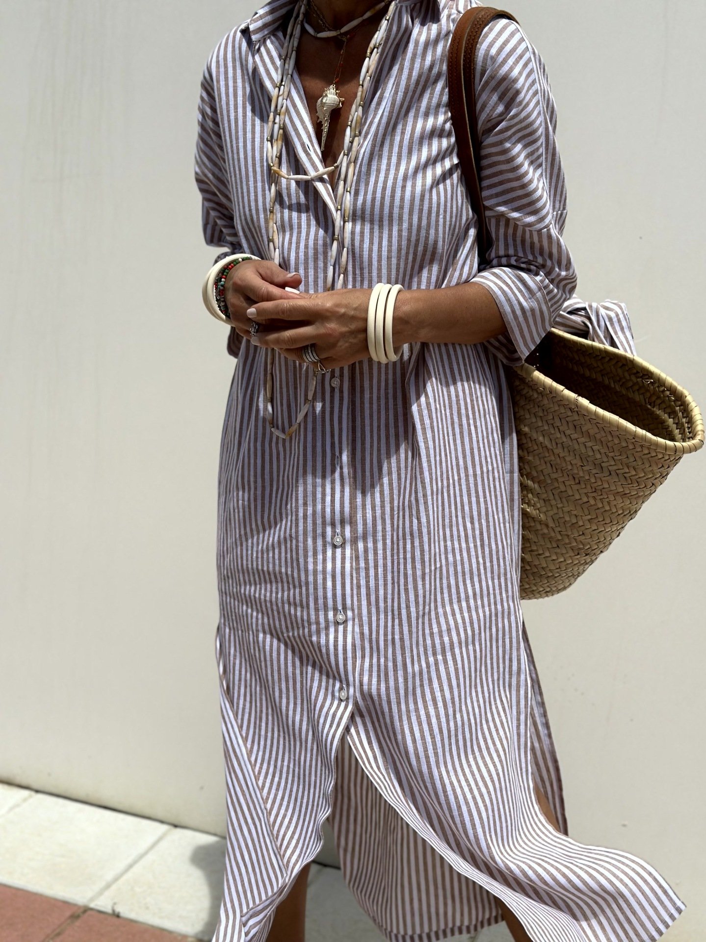 Casual Shirt Collar Regular Fit Striped Dress With No