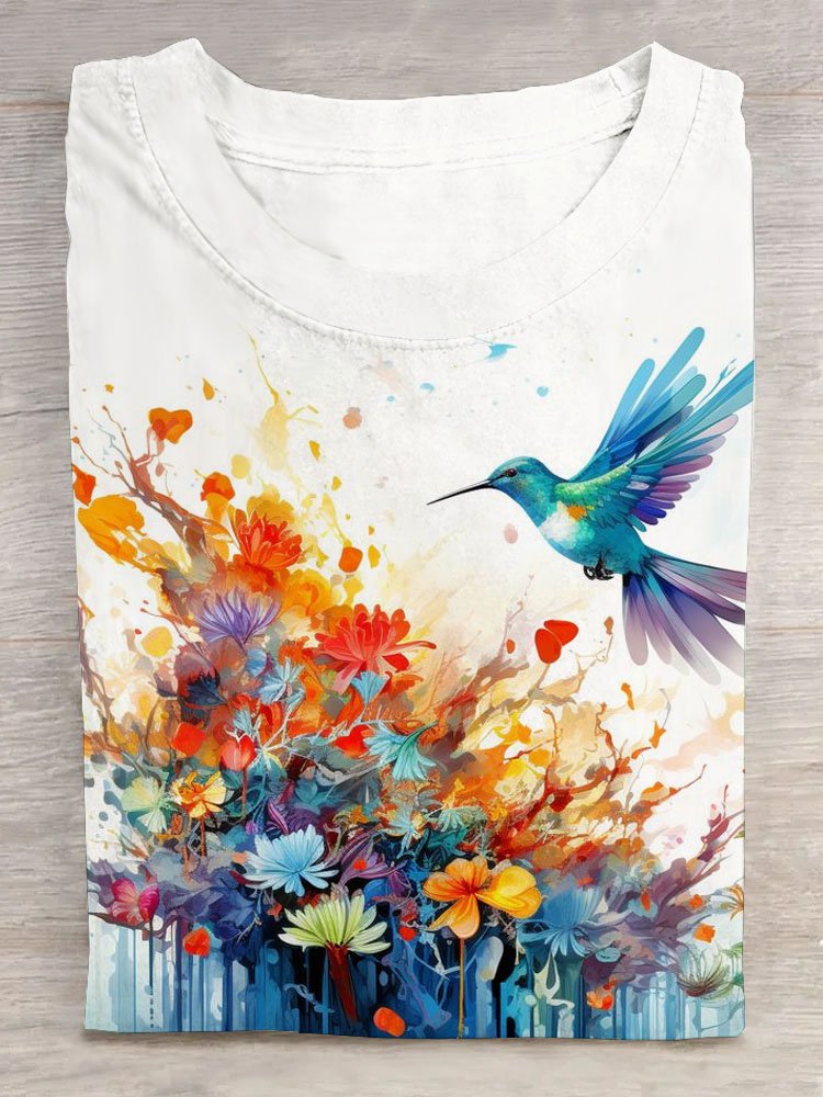 Floral & bird print round neck short sleeved casual T-shirt