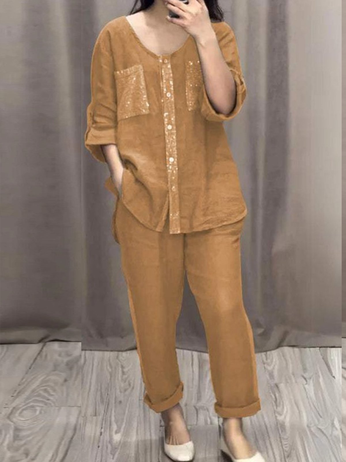 Casual V Neck Two-Piece Set